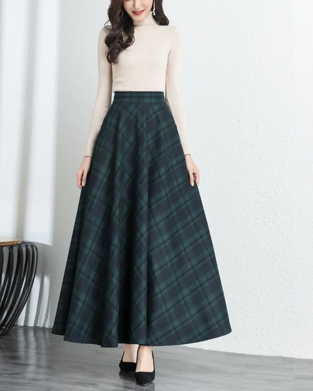 Plaid Wool Maxi Skirt