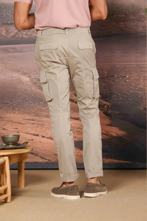 Men's Light Beige Stretch Cotton Slim Fit Large Pocket Overalls