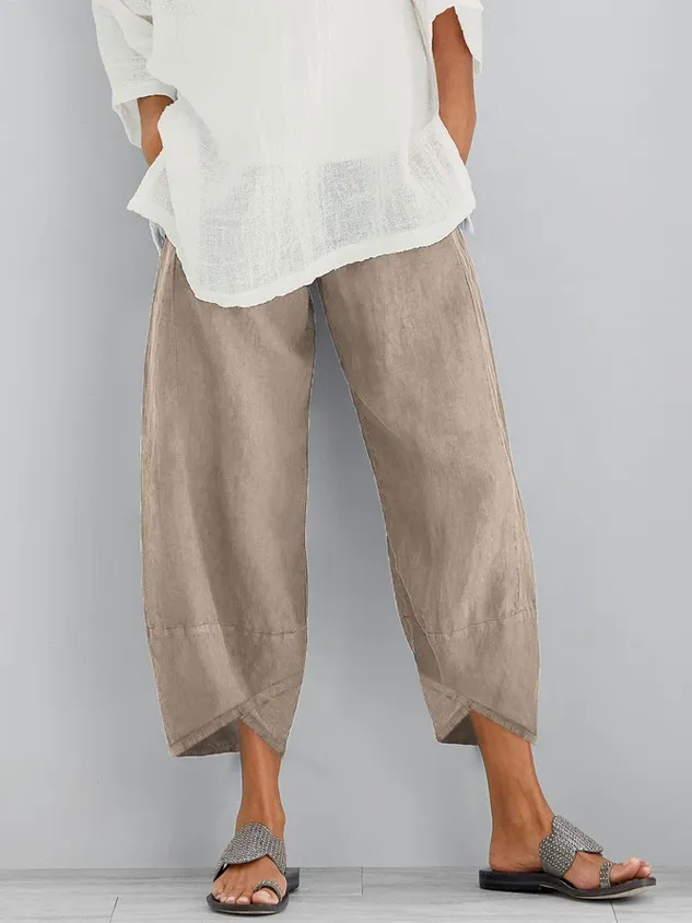 Casual Baggy Plain Linen & Cotton Cropped Pant