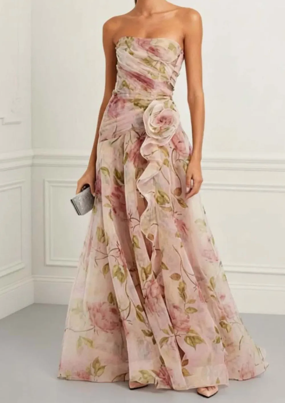 Strapless Floral Print Chiffon Maxi Dress