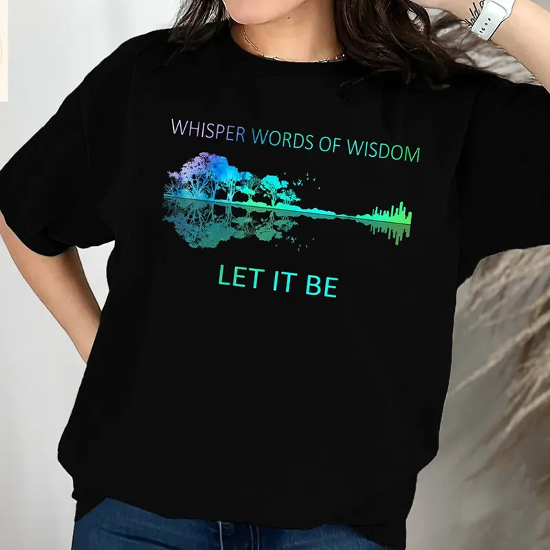 Women's Hippie Whisper Words Of Wisdom Let It Be Print Round Neck Short Sleeved T-shirt