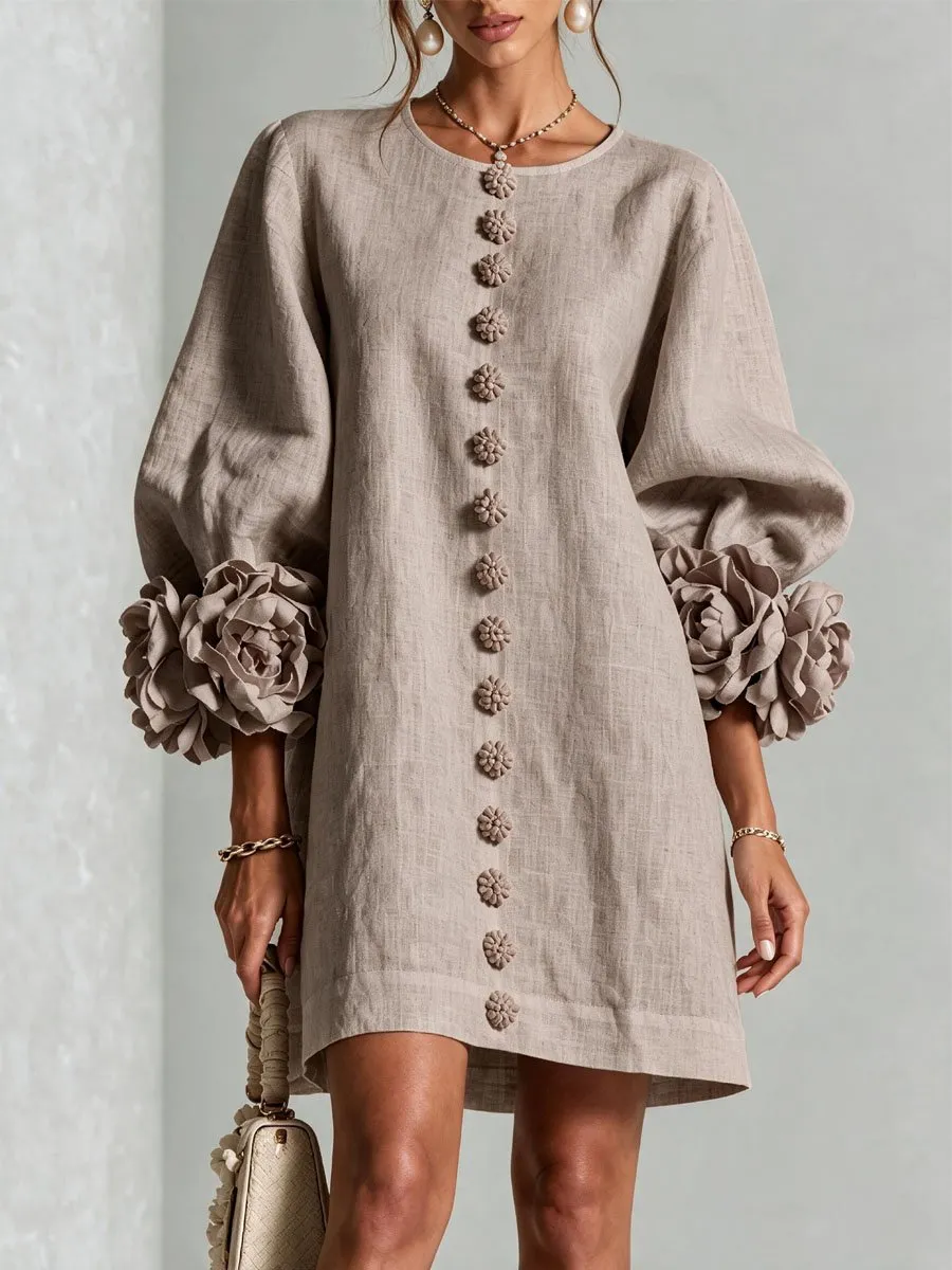 Elegant 3D Floral Button-Front Mini Dress With Striking Floral Cuffs