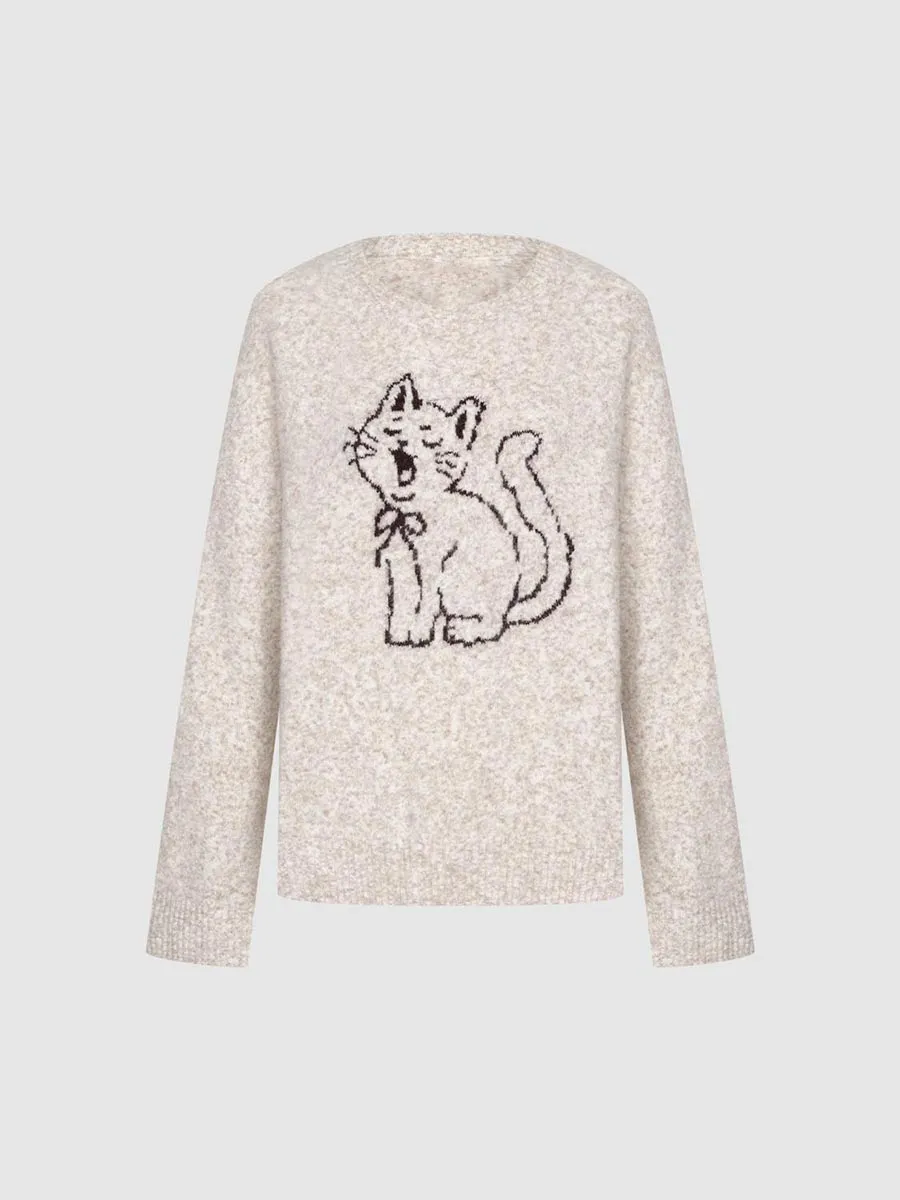 Lady's Cartoon Cat Embroidered Round-Neck Sweater