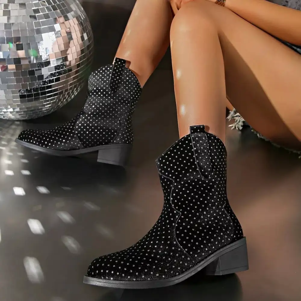 Sparkling Pointed Toe Block Heel Boots