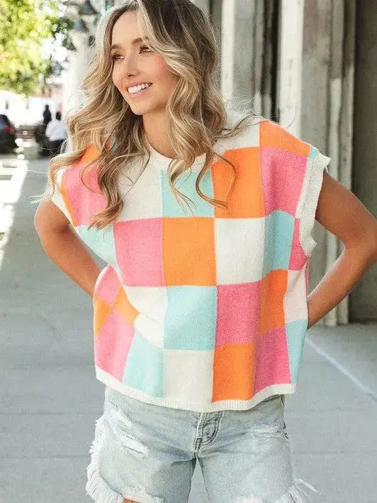 Pastel Dreams Checkered Sleeveless Sweater Top