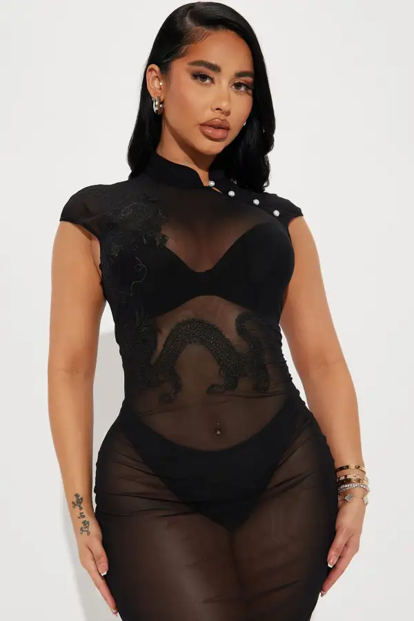 Dragons Mesh Maxi Dress - Black