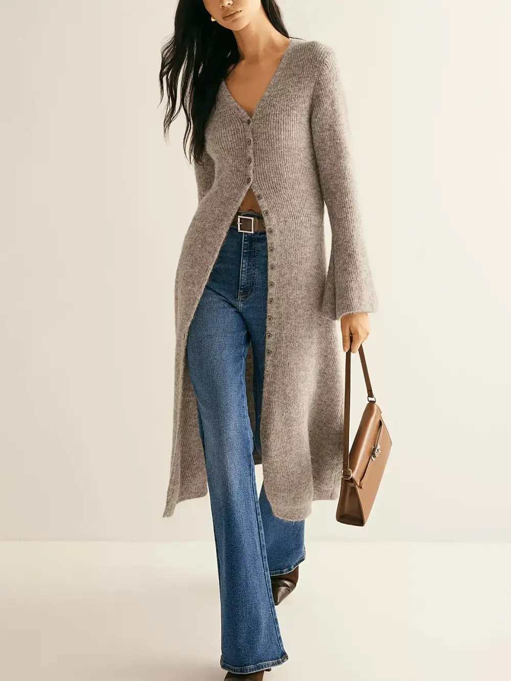 Longline Button Down Bell Sleeve Cardigan