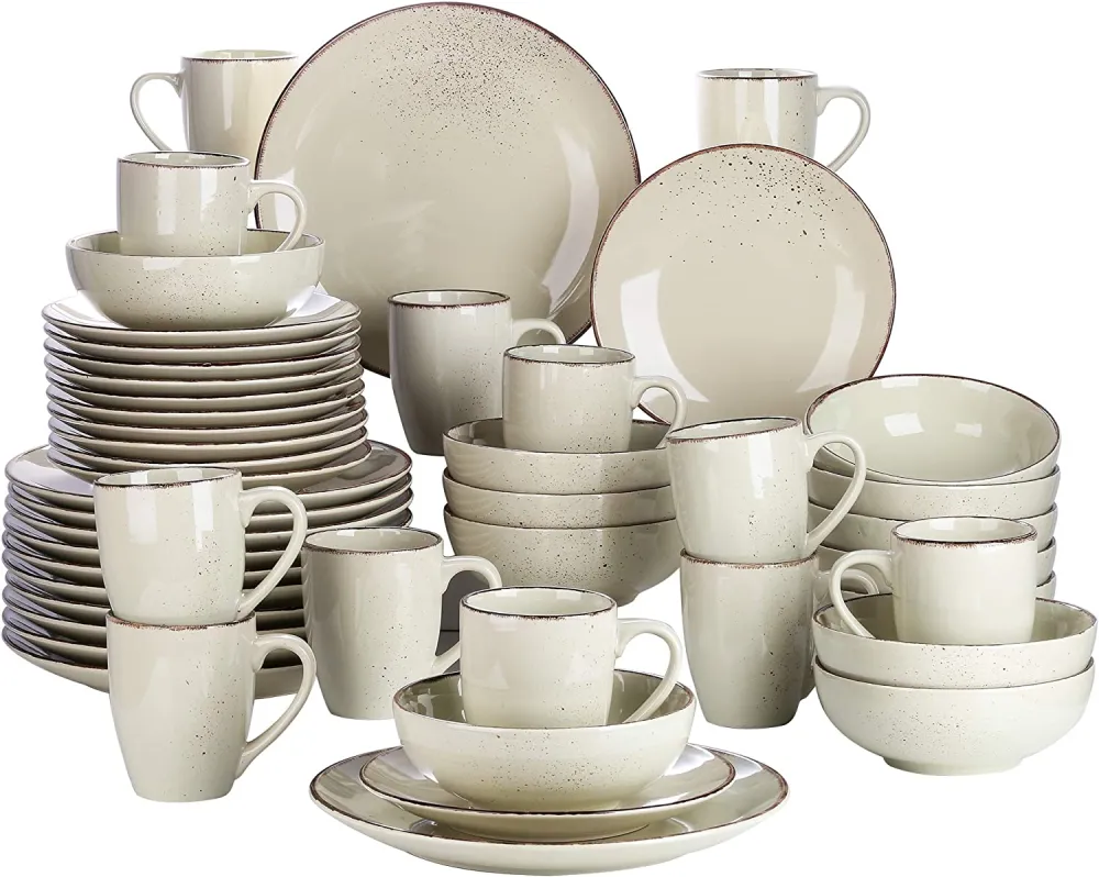 vancasso Navia Ceramic Dinnerware Set, 48 pieces Set of 12 Stoneware Spray Spot Patterned Service Dish with Dinner Plates, Salad Plates, Bowls, Mugs - Grey