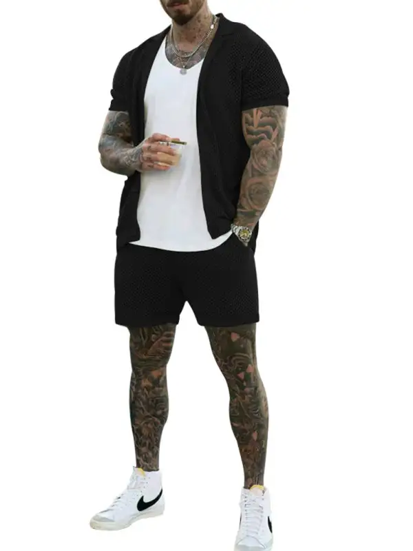 Knit Lapel Collar Short Sleeve Shorts