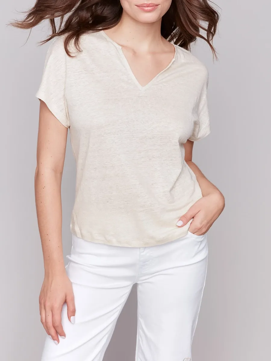 Linen Blend Soft V-Neck Short Sleeves