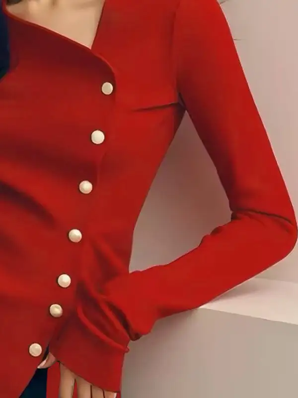 Long Sleeve Slim Fit Button Detail Pleat Detail T-Shirt