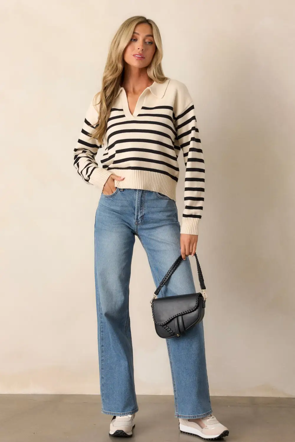 Got A Feeling Beige & Black Stripe Collared Sweater