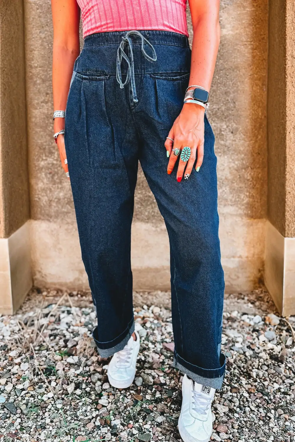 Checkered Side Panel Patchwork Drawstring Loose Denim Pants