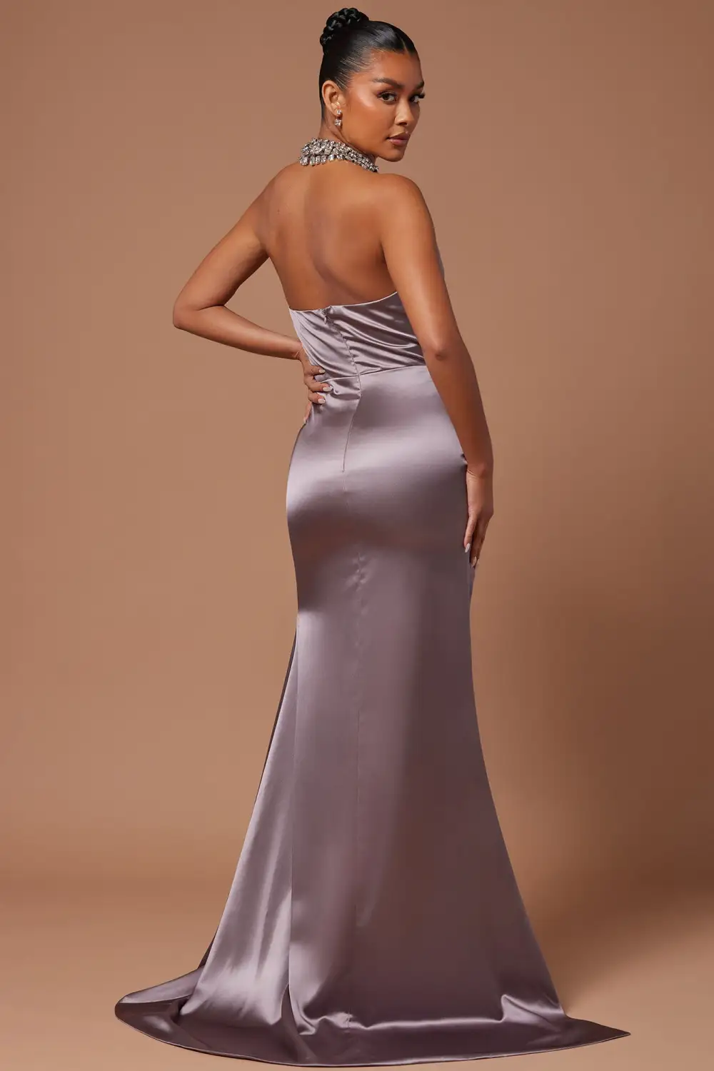 Serena Satin Embellished Gown - Grey