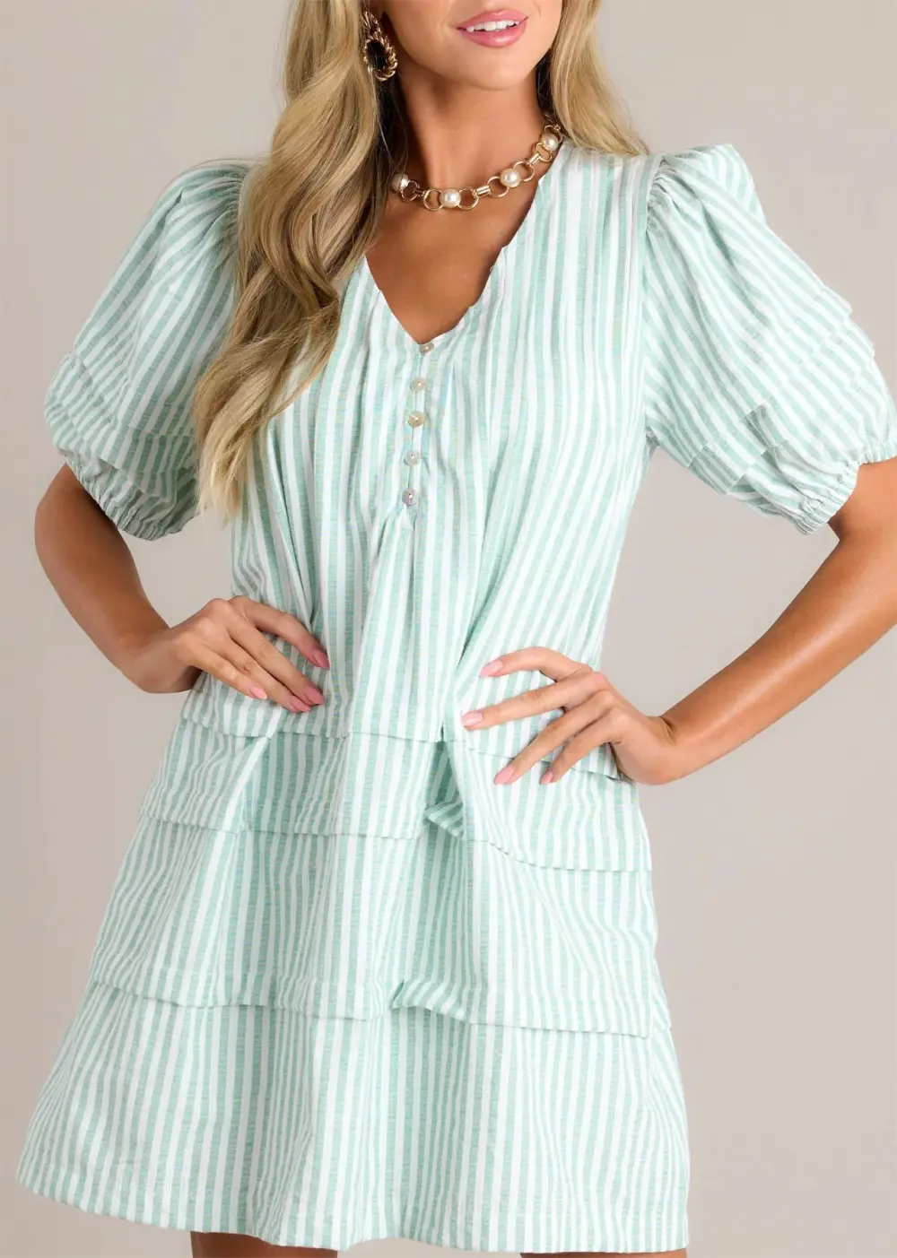 ADORE YOU MINT GREEN STRIPE PUFF SLEEVE MINI DRESS