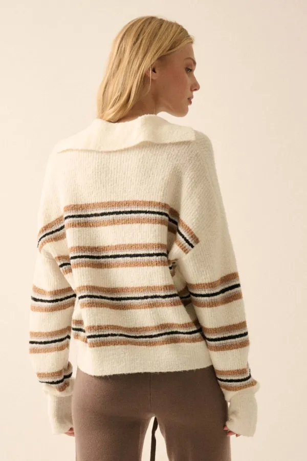 First in Line Striped Split-Neck Collared Sweater