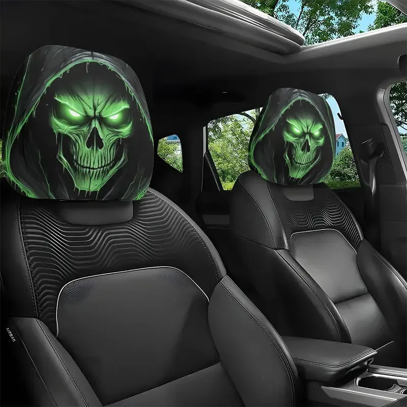 Black & White Creepy Smile Design Car Headrest Cover Stretch Universal Horror Car Dust Cover