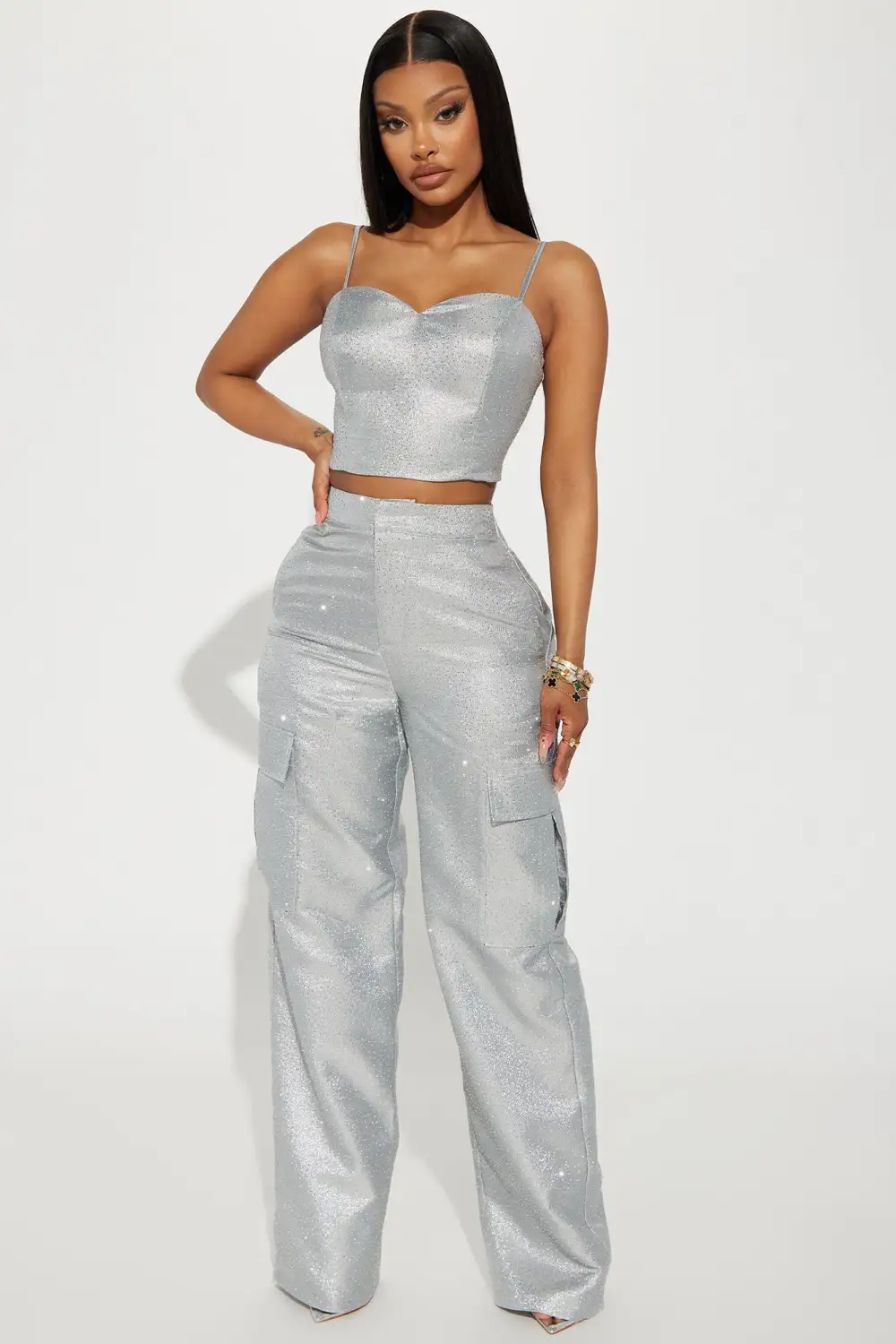 Pure Attraction Metallic Pant Set - Silver