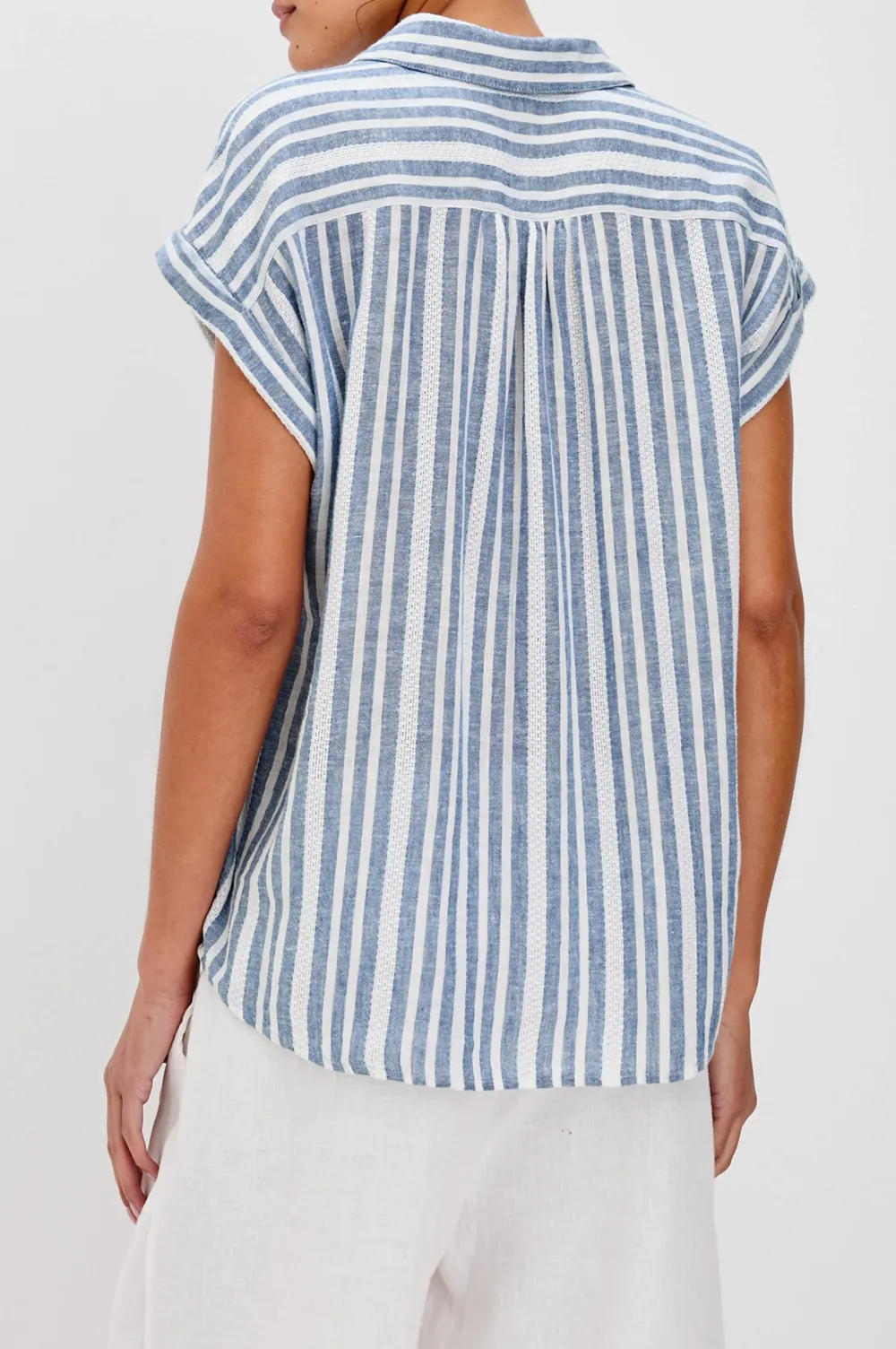 V-Neck Vertical Striped Blue Casual Shirt