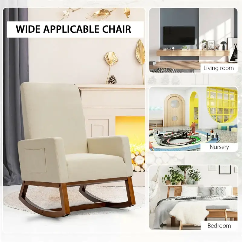 Upholstered Rocking Chair High Back Glider Rocker Chair Mid-Century Nursery Chair Modern Fabric Armchair with Wood Base