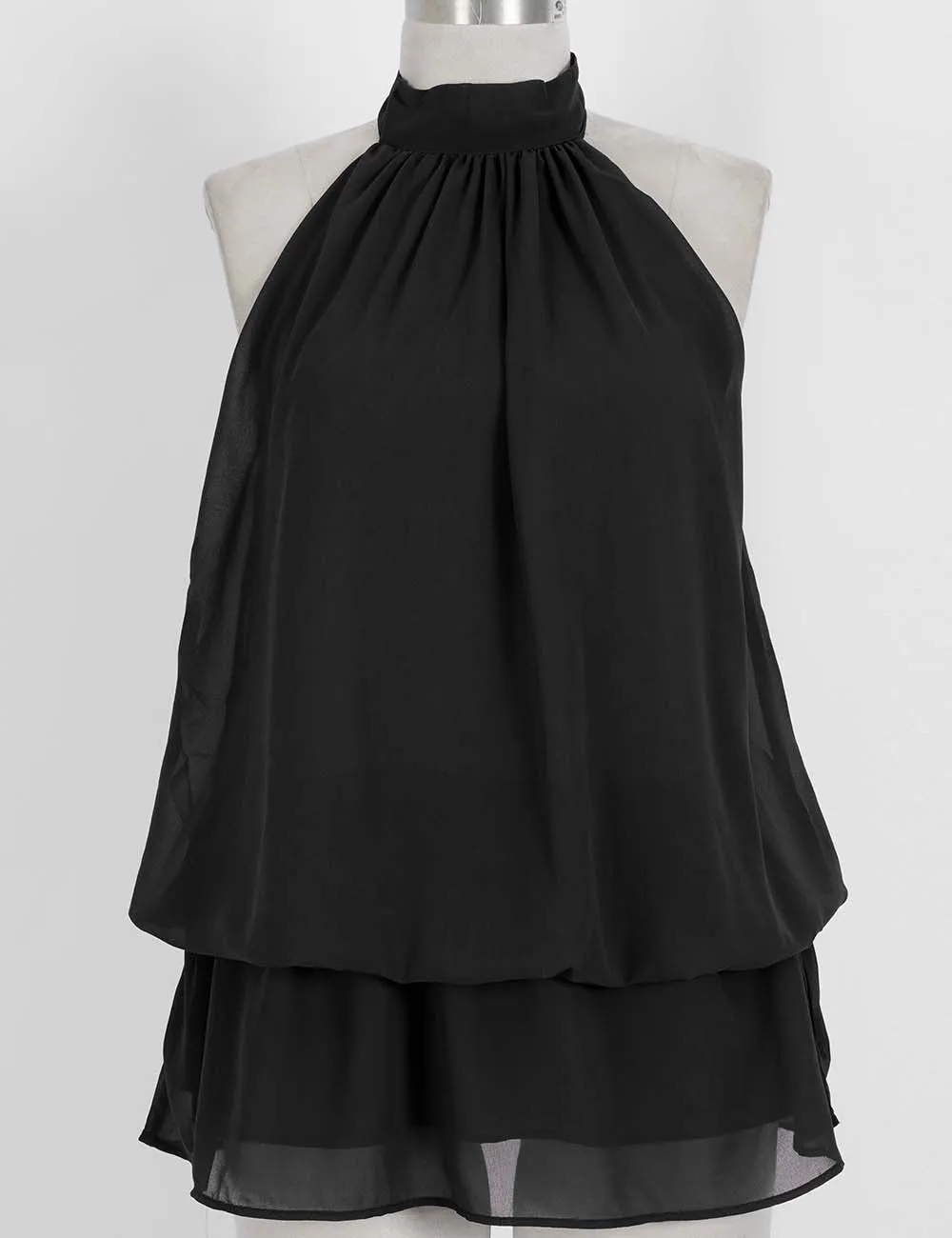 Chiffon Stand Neck Solid Color Ruffle Hem Sleeveless Top