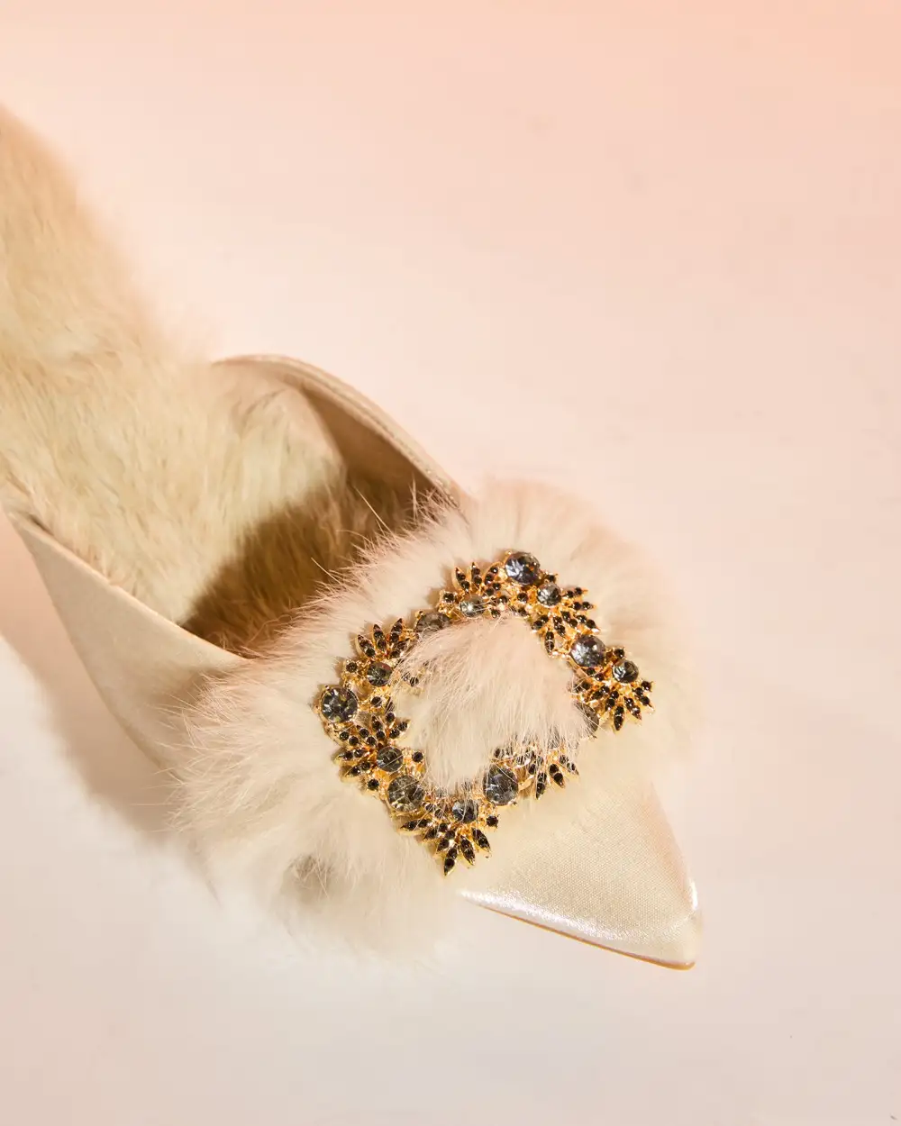 Faux Fur Satin Mules in Natural