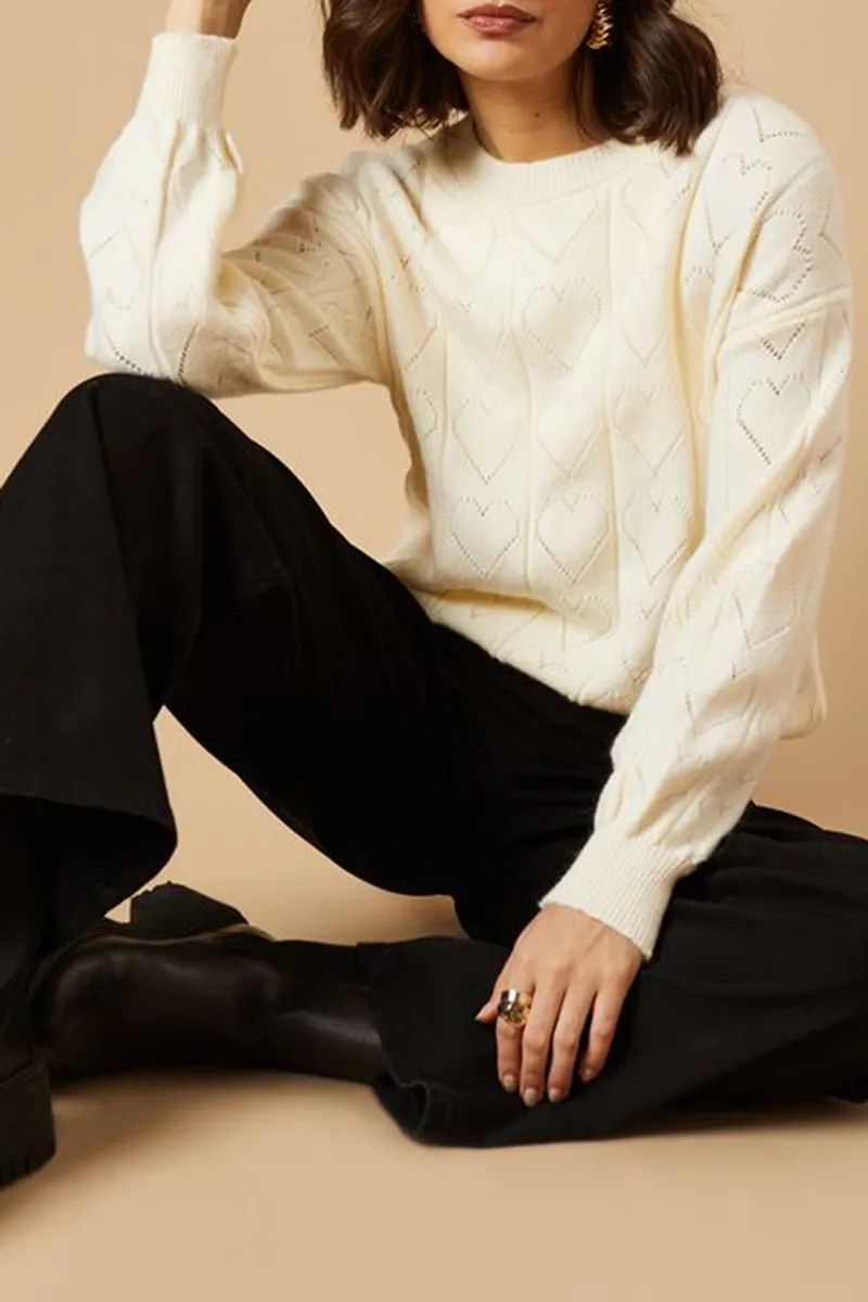 Casual Style Heart Pointelle Crew Neck Sweaters