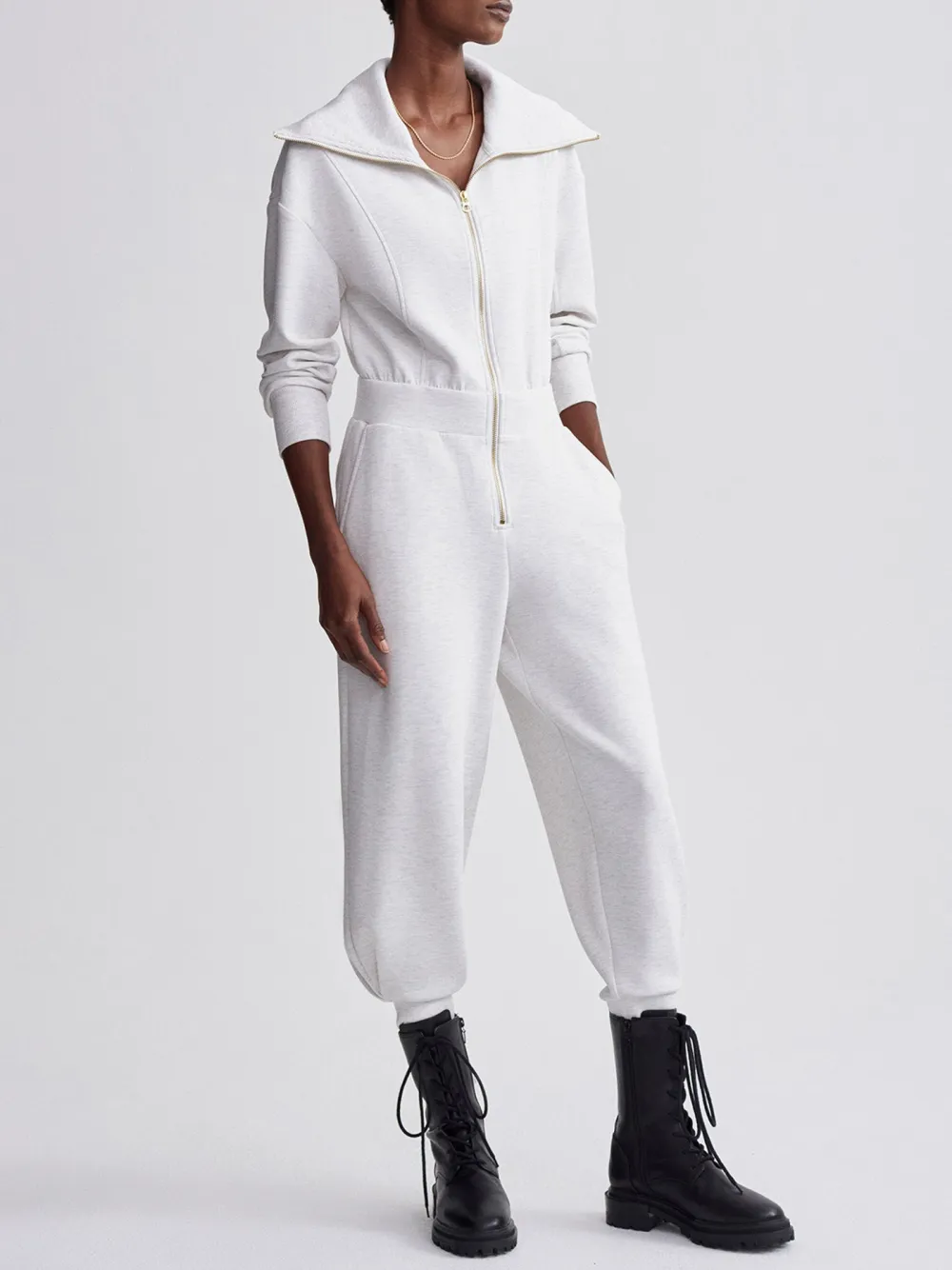 Stylish High-Collar Zip-Up Long-Sleeve Jumpsuit