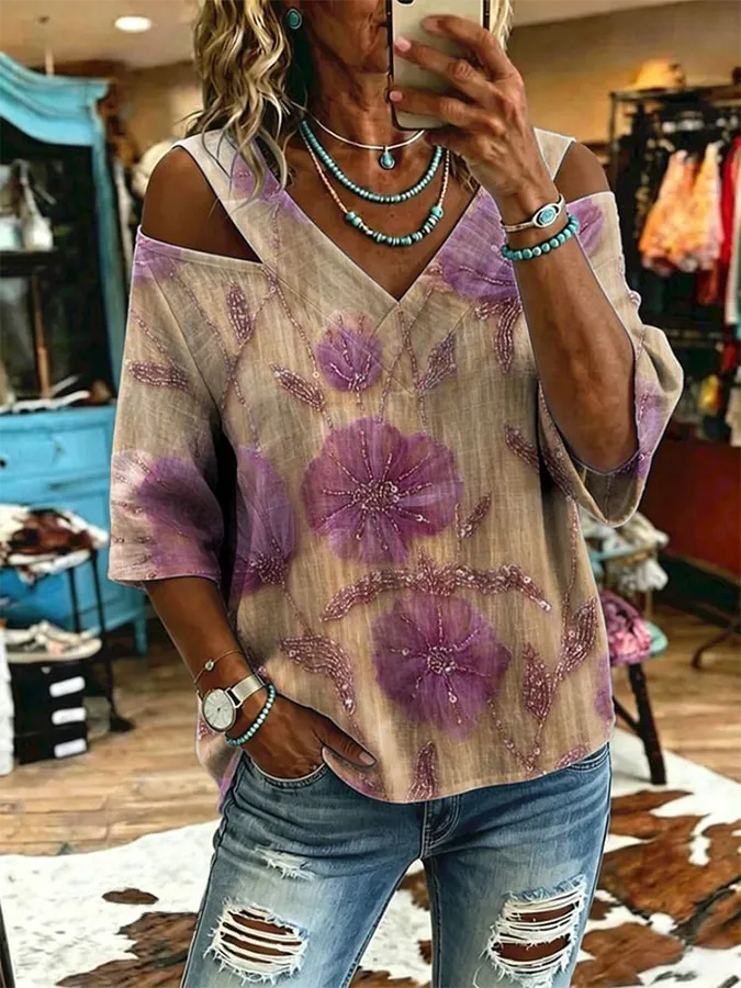Women's Vintage Flowers Print Off-shoulder Patchwork Casual Shirt