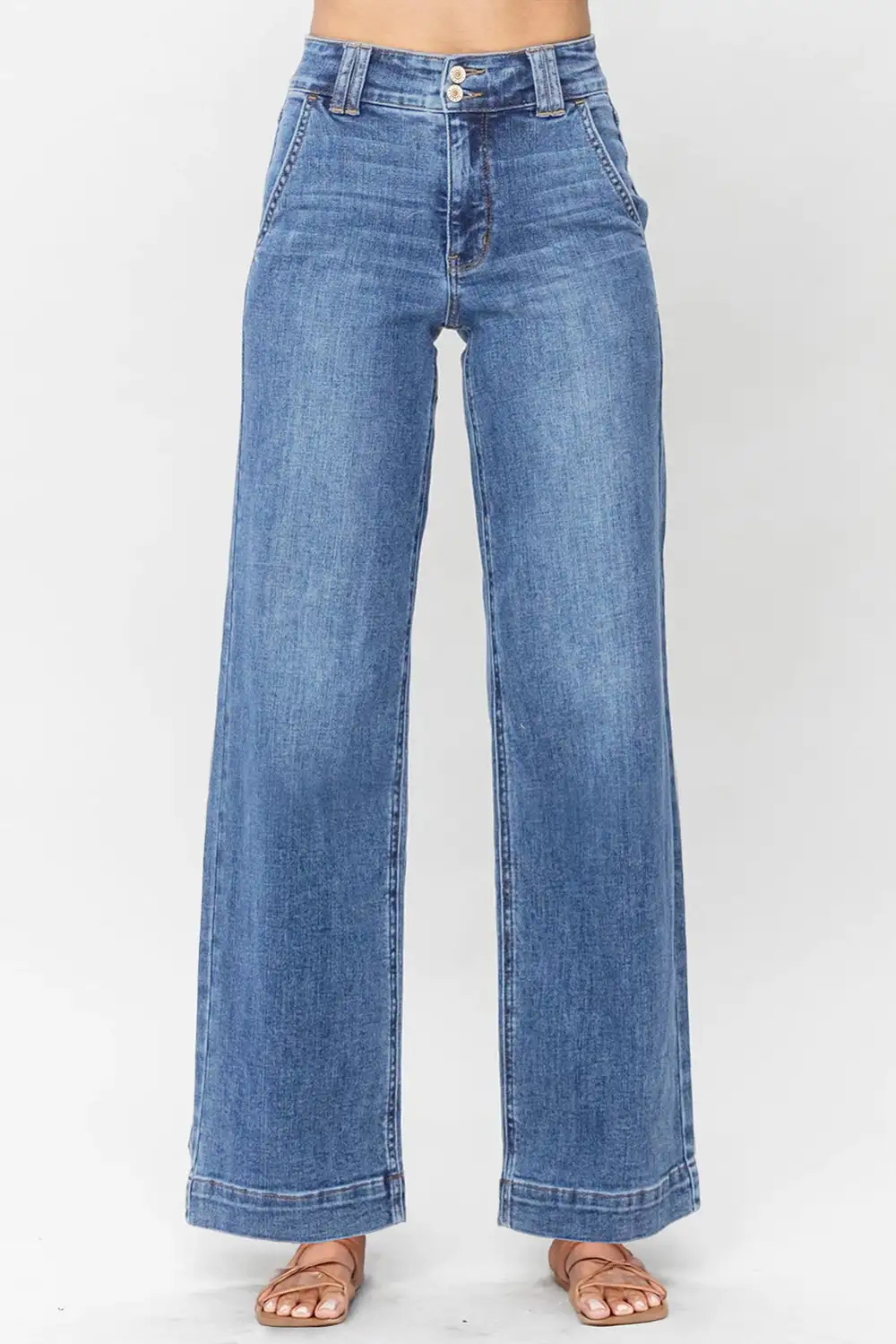 Double Button Zip Fly Straight Leg Jeans