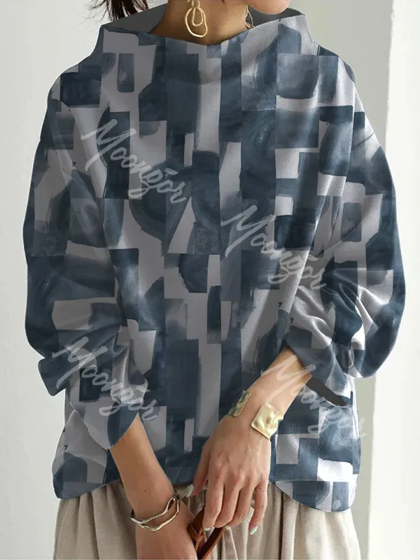 Color-Block Printing aLong Sleeves Loose Solid Color High-neck Sweatershirt