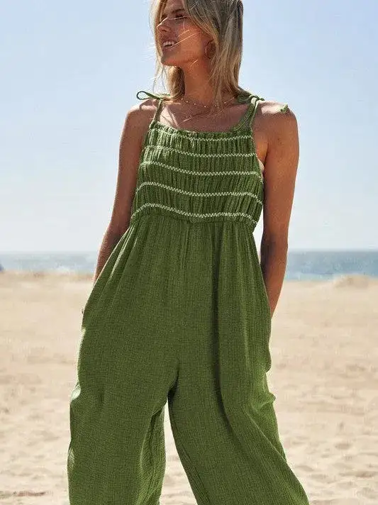 Sunkissed and Smiling Smocked Detail Tie Straps Jumpsuit