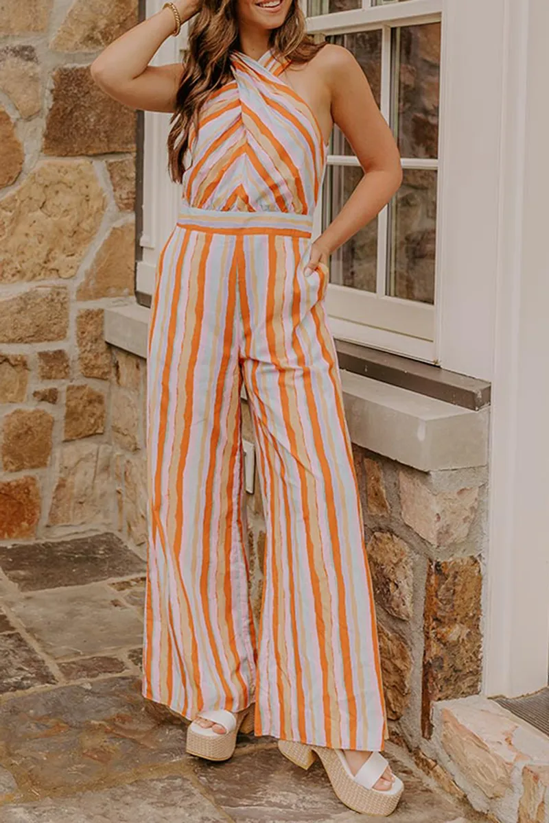 Striped All-Match Cross-Neck Women's Jumpsuit