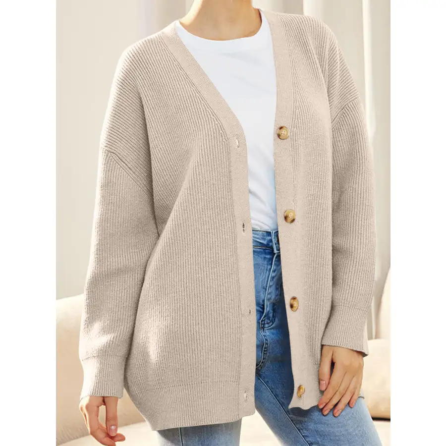 Button Down V Neck Long Sleeve Cardigan