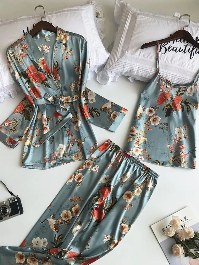 Floral Silk Fabric Long-Sleeve Jacket Camisole Trousers Pajamas Three-Piece Set