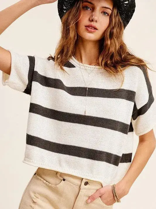 Todays Mood Expresso and Ambition Stripe Short Sleeve Sweater Top