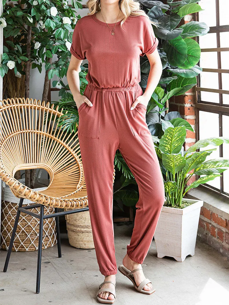 Fashionable solid color round neck casual jumpsuit