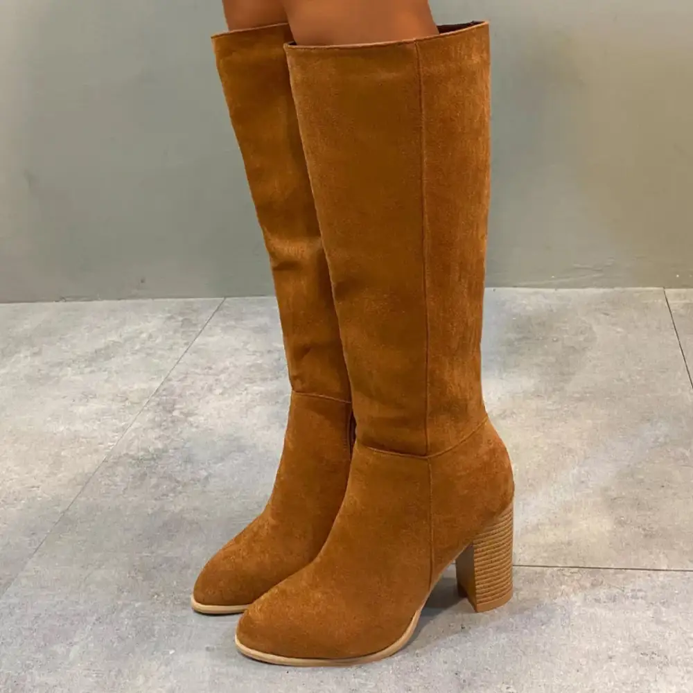 Textured Pointed Toe Block Heel Boots