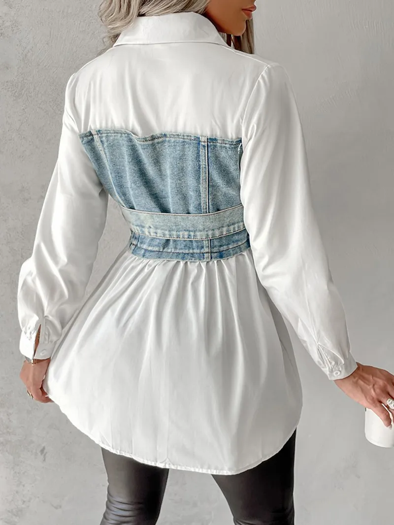 Casual Denim Patchwork Shirt Dress