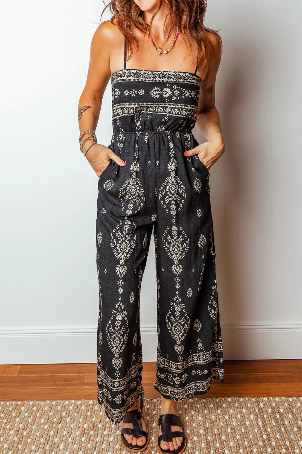 Spaghetti Straps Elastic Waist Loose Ethnic Print Jumpsuit