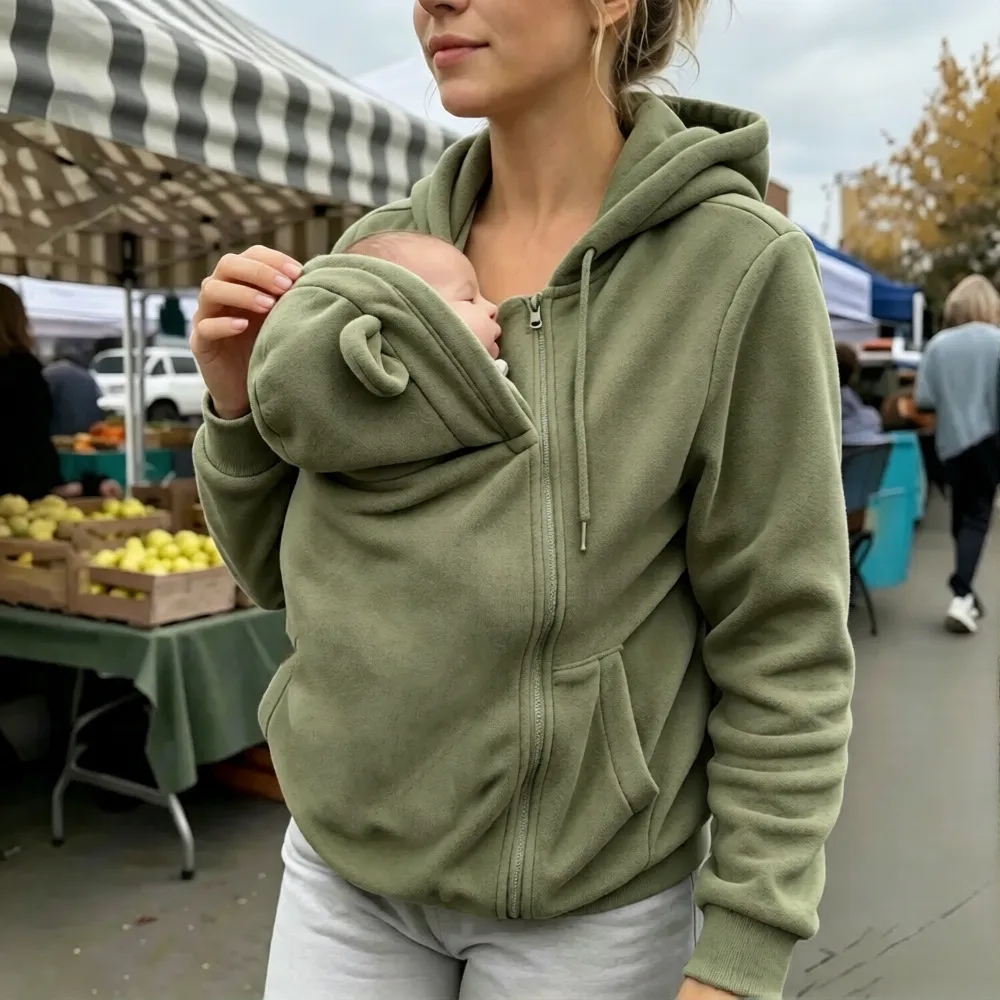Kangaroo Mom Hoodie Loose Zip-Up Hooded Sweatshirt Mom Babywearing Warm Jacket