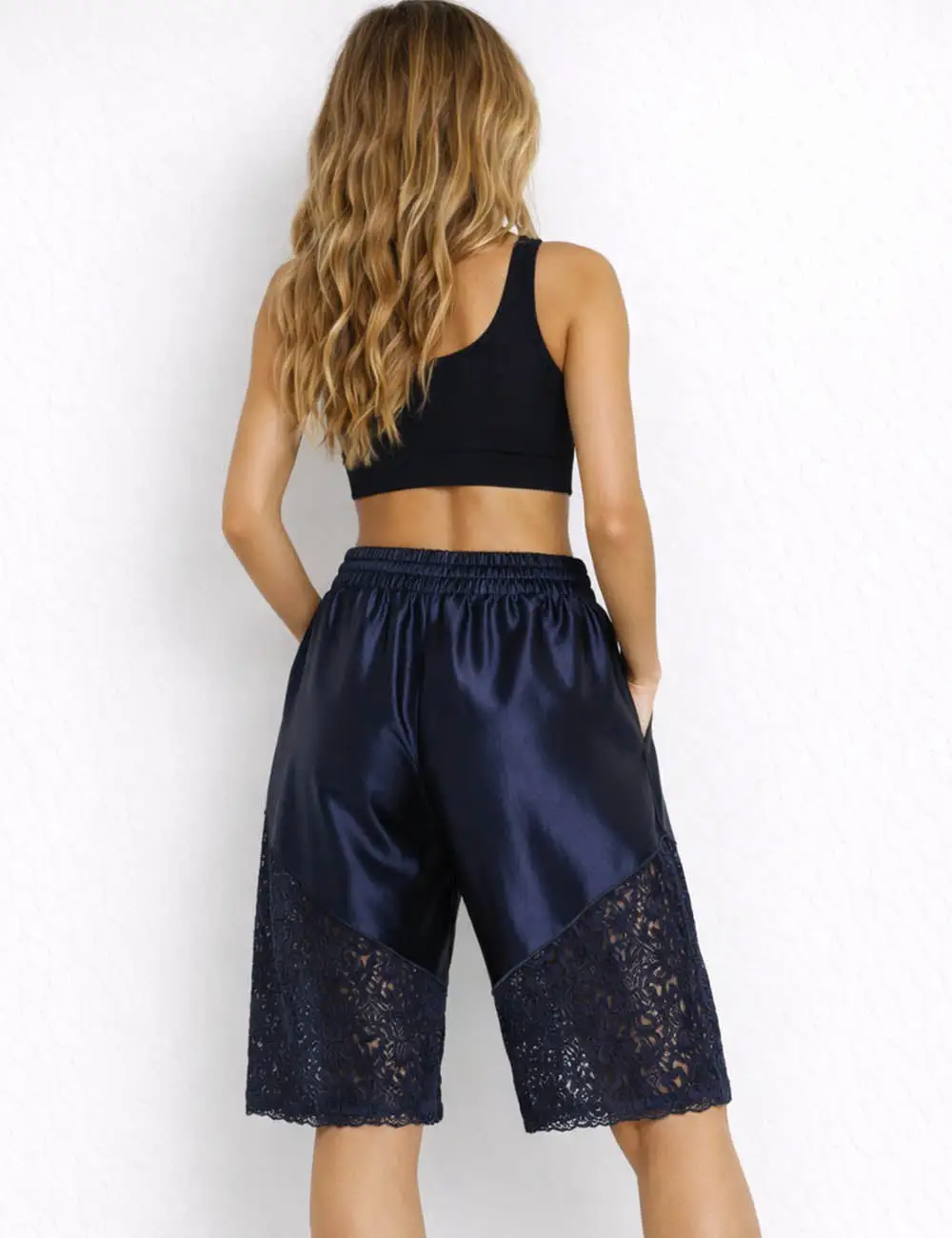 Boho Lace Panel Drawstring Waist Wide Leg Shorts