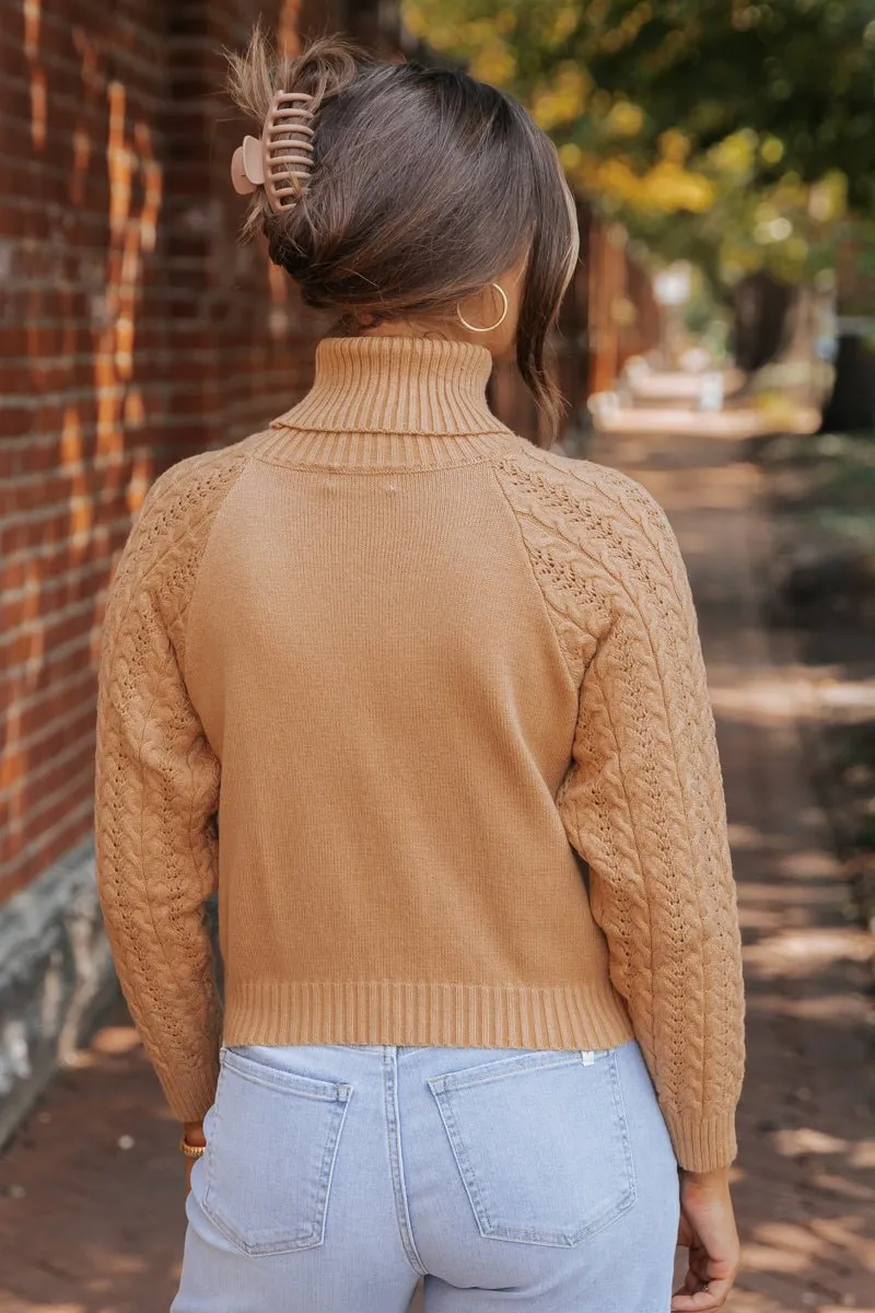 Camel Cable Knit Sleeve Turtleneck Sweater