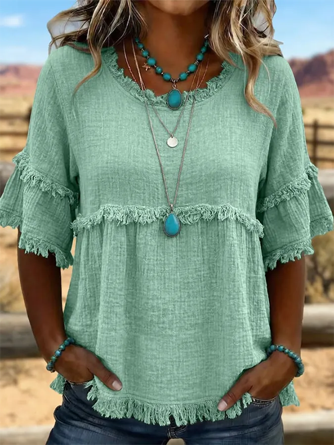 Women's Retro Art Fringed Casual Western Cotton And Linen Shirt