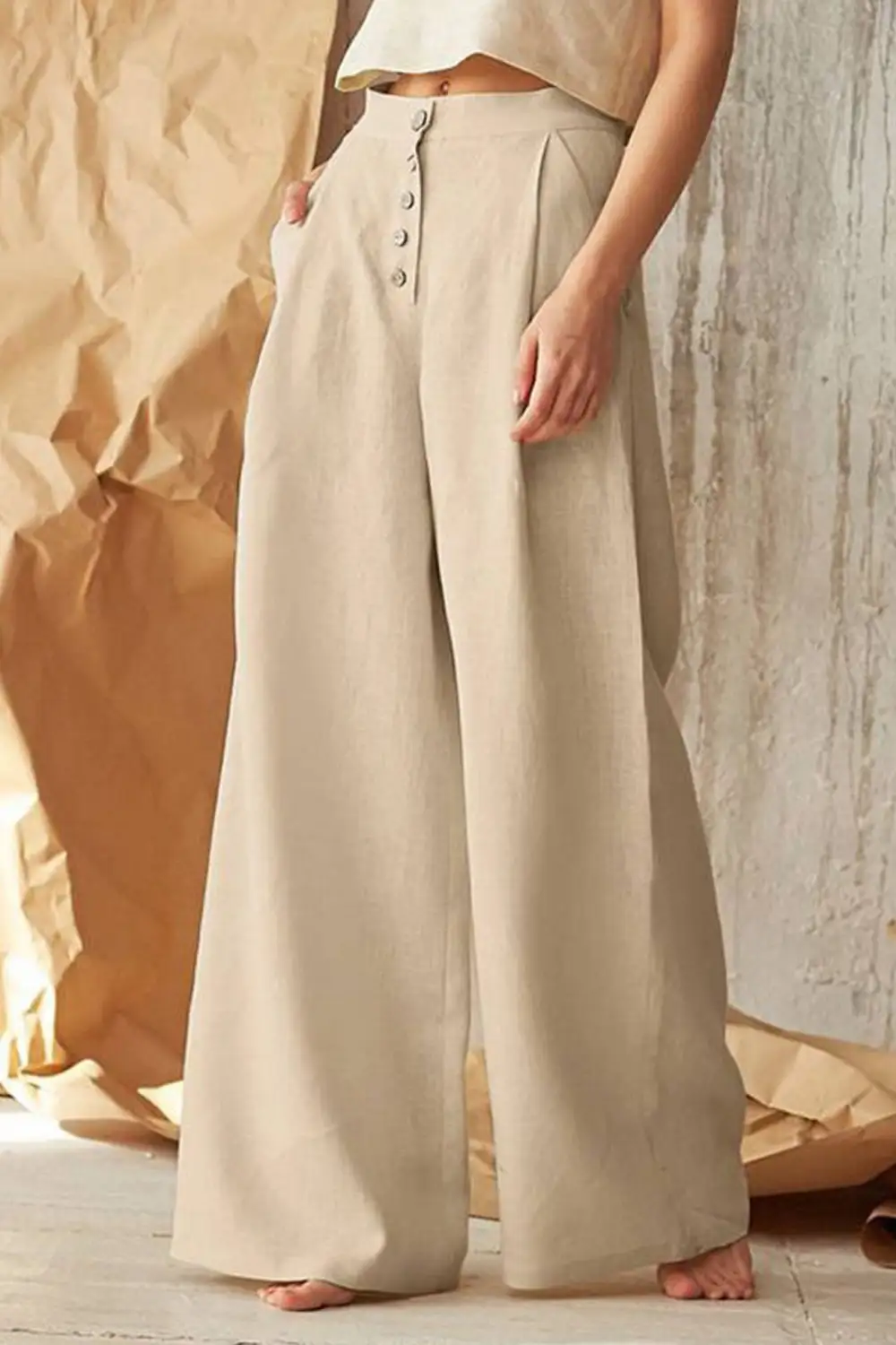 Button Front Wide Leg Pants