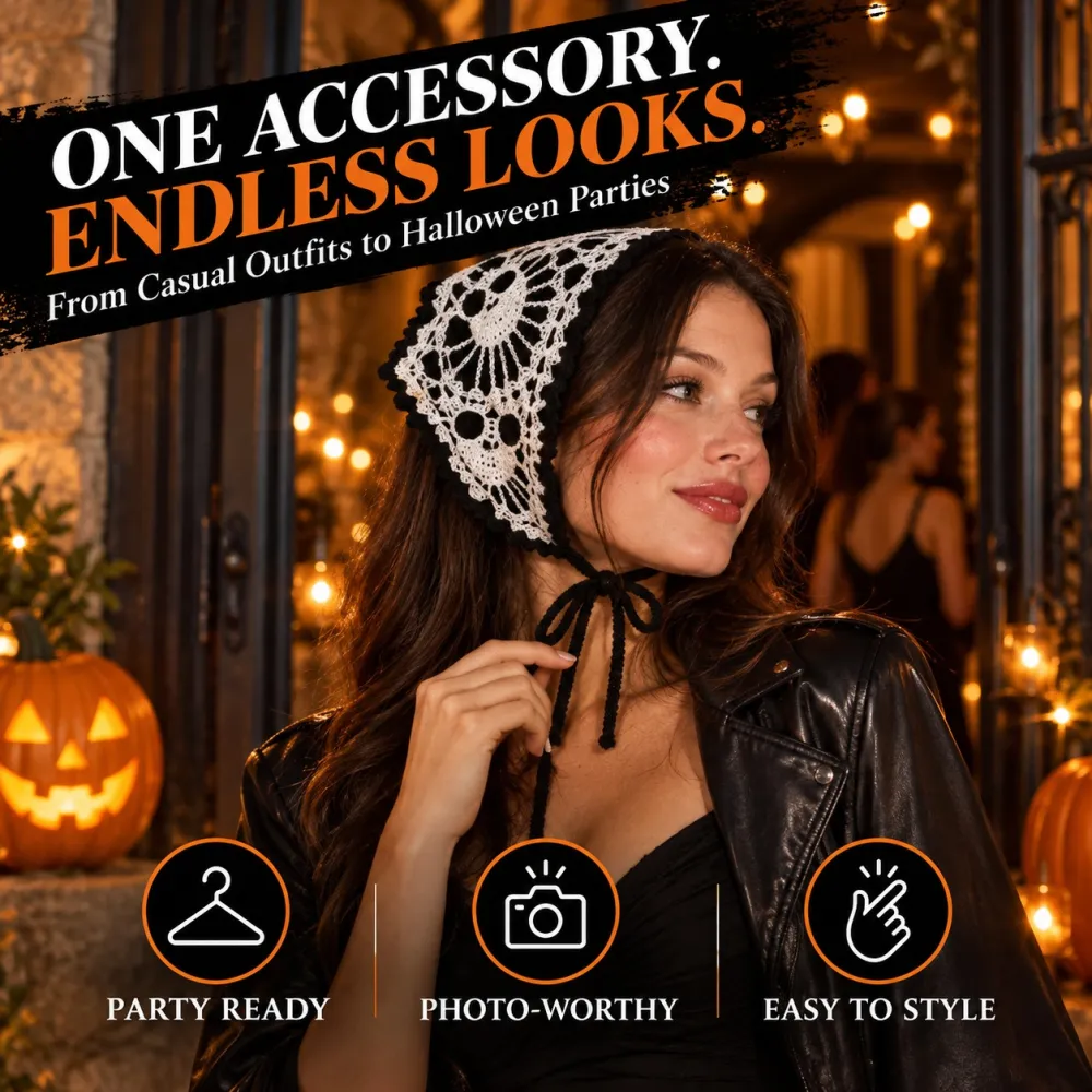 Women's Halloween Polyester Triangle Bandana - Crochet Boho Bandana with Ghost/Bat/Web Pattern, Triangle Shape