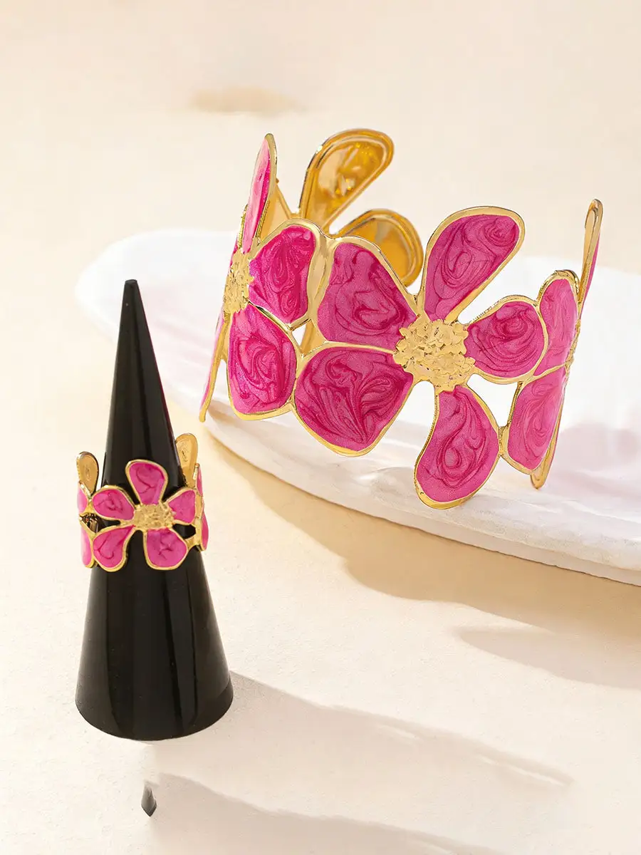 Floral Bracelet And Alloy Bracelet And Ring Set