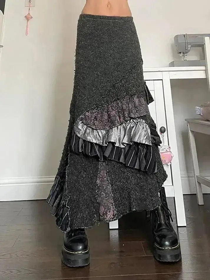 Vintage Contrast Patchwork Asymmetric Midi Skirt