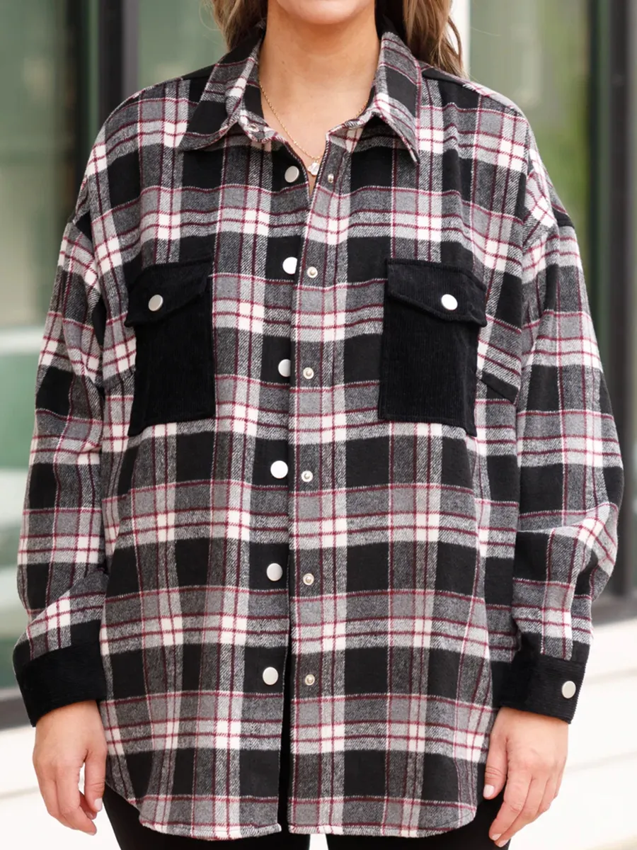 Black plaid patchwork pocket jacket