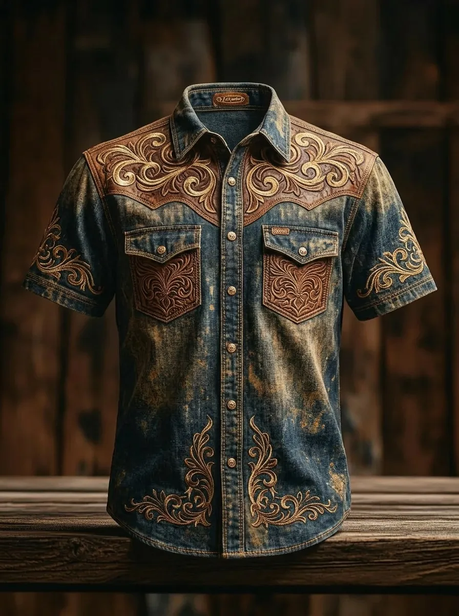 Men's Western Cowboy Floral Tooled Leather Printed Shirt-5